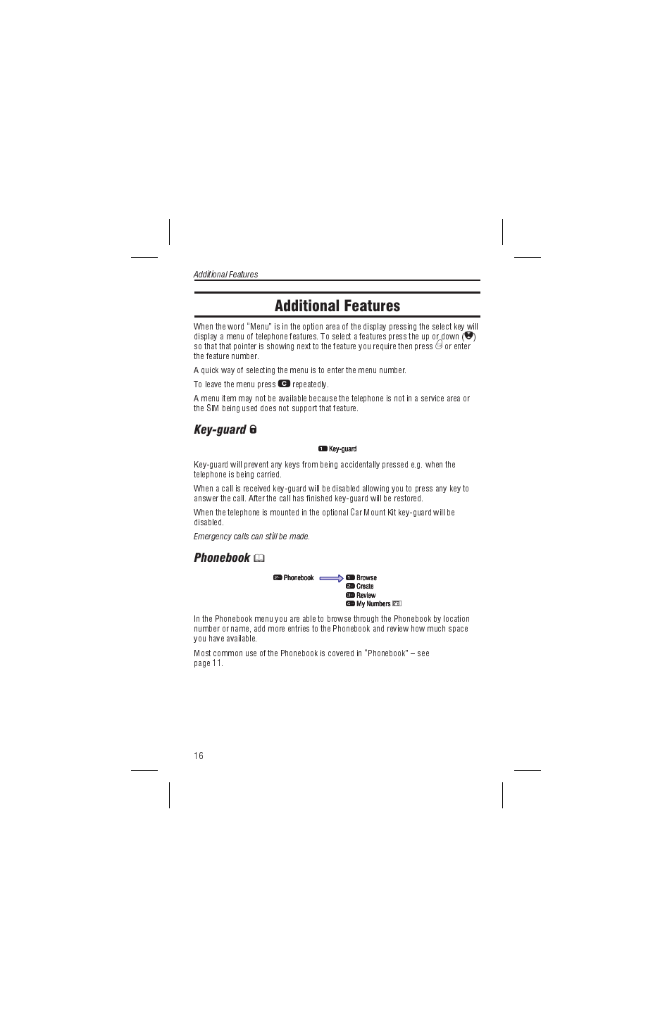 Additional features, Phonebook, Key-guard | Panasonic EB-G450 User Manual | Page 20 / 32