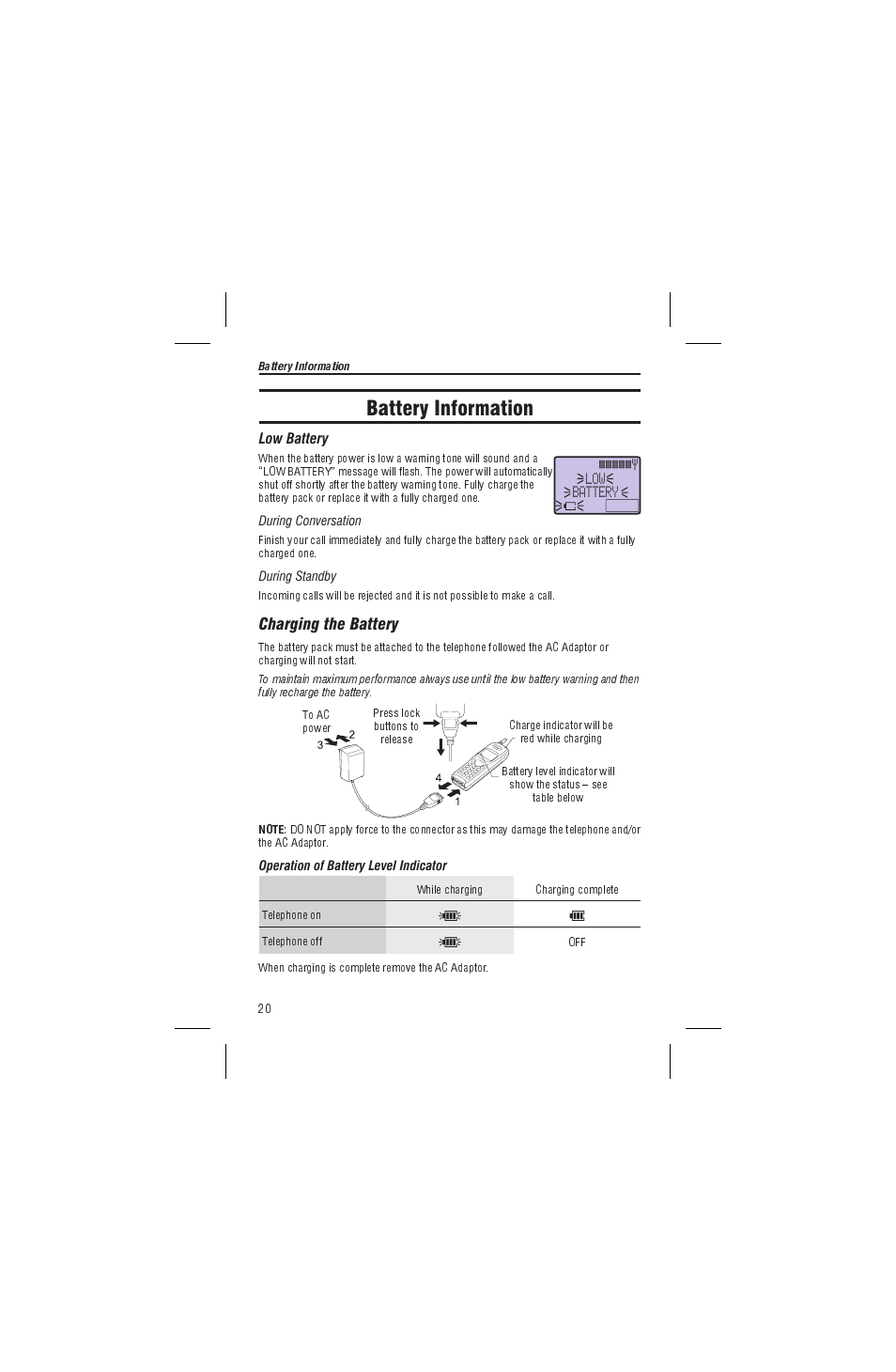 Battery information, Low battery, Charging the battery | Panasonic EB-G450 User Manual | Page 24 / 32