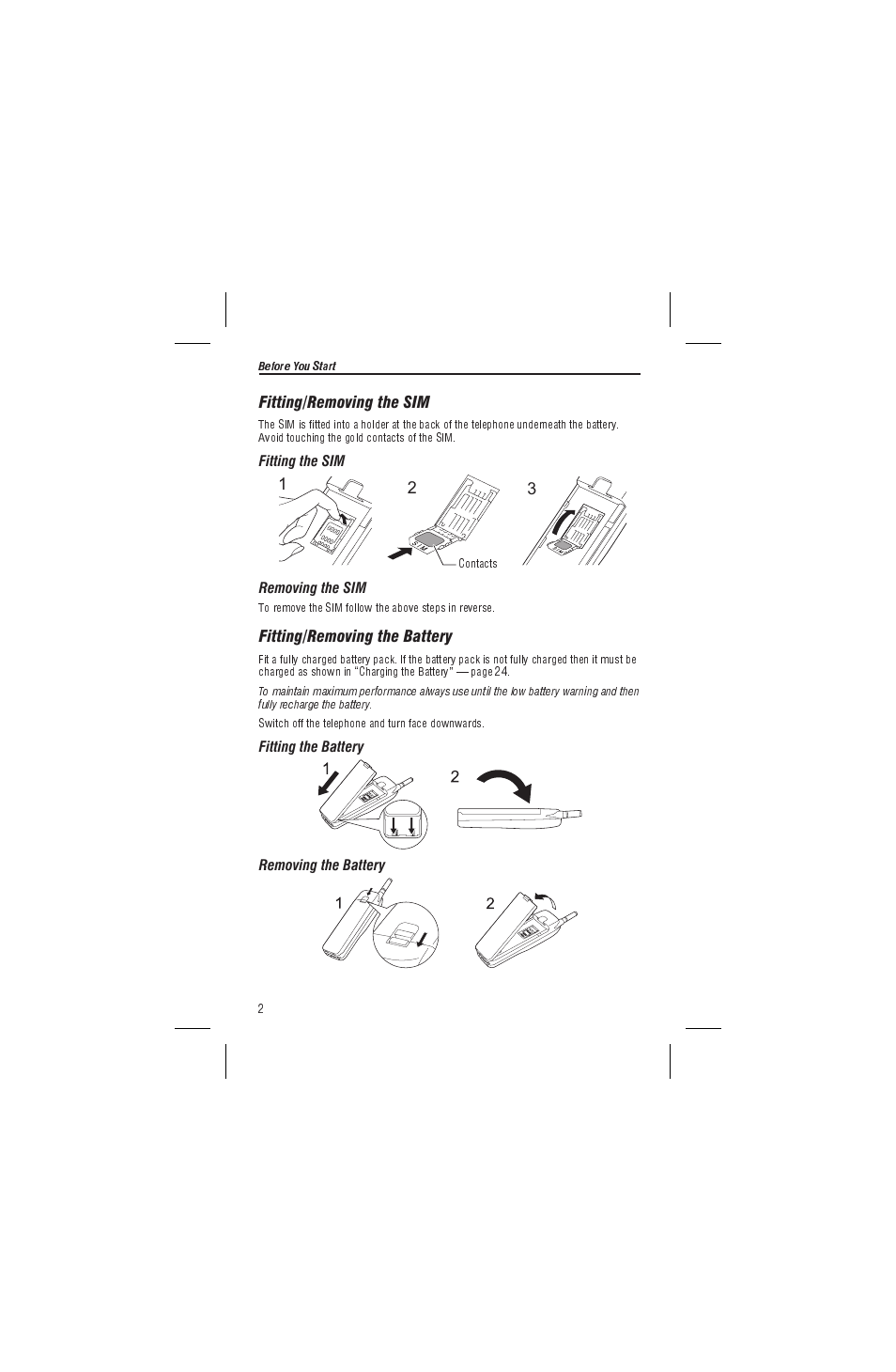 Fitting/removing the sim, Fitting/removing the battery | Panasonic EB-G450 User Manual | Page 6 / 32