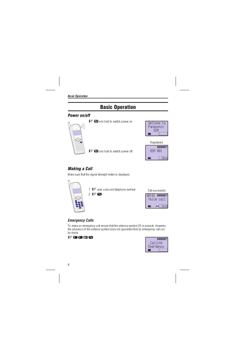 Basic operation, Power on/off, Making a call | Power on/off making a call | Panasonic EB-G450 User Manual | Page 8 / 32