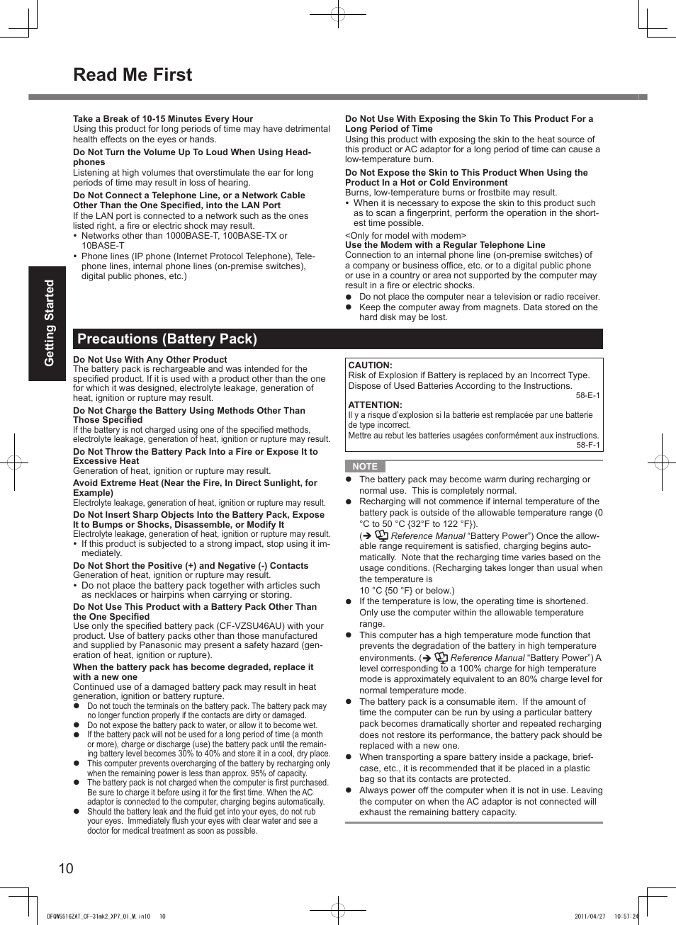 Read me first, Precautions (battery pack), Getting started | Panasonic CF-31 User Manual | Page 10 / 40