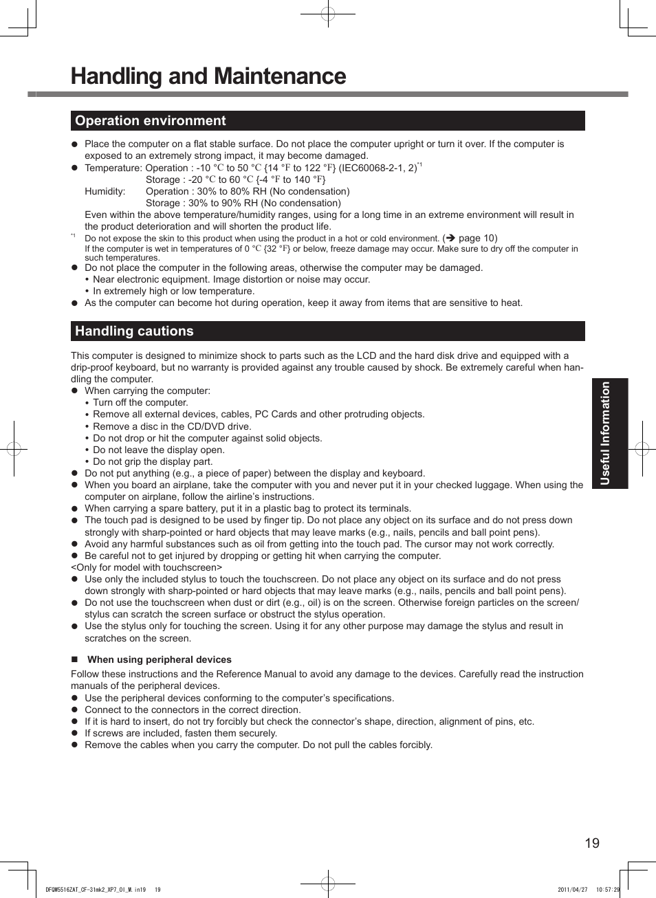 Handling and maintenance, Operation environment, Handling cautions | Panasonic CF-31 User Manual | Page 19 / 40