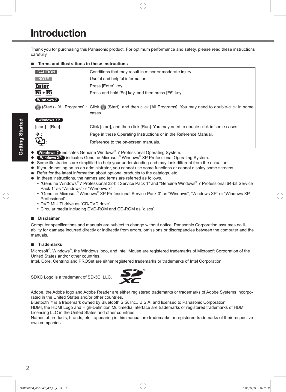 Introduction, Getting started | Panasonic CF-31 User Manual | Page 2 / 40