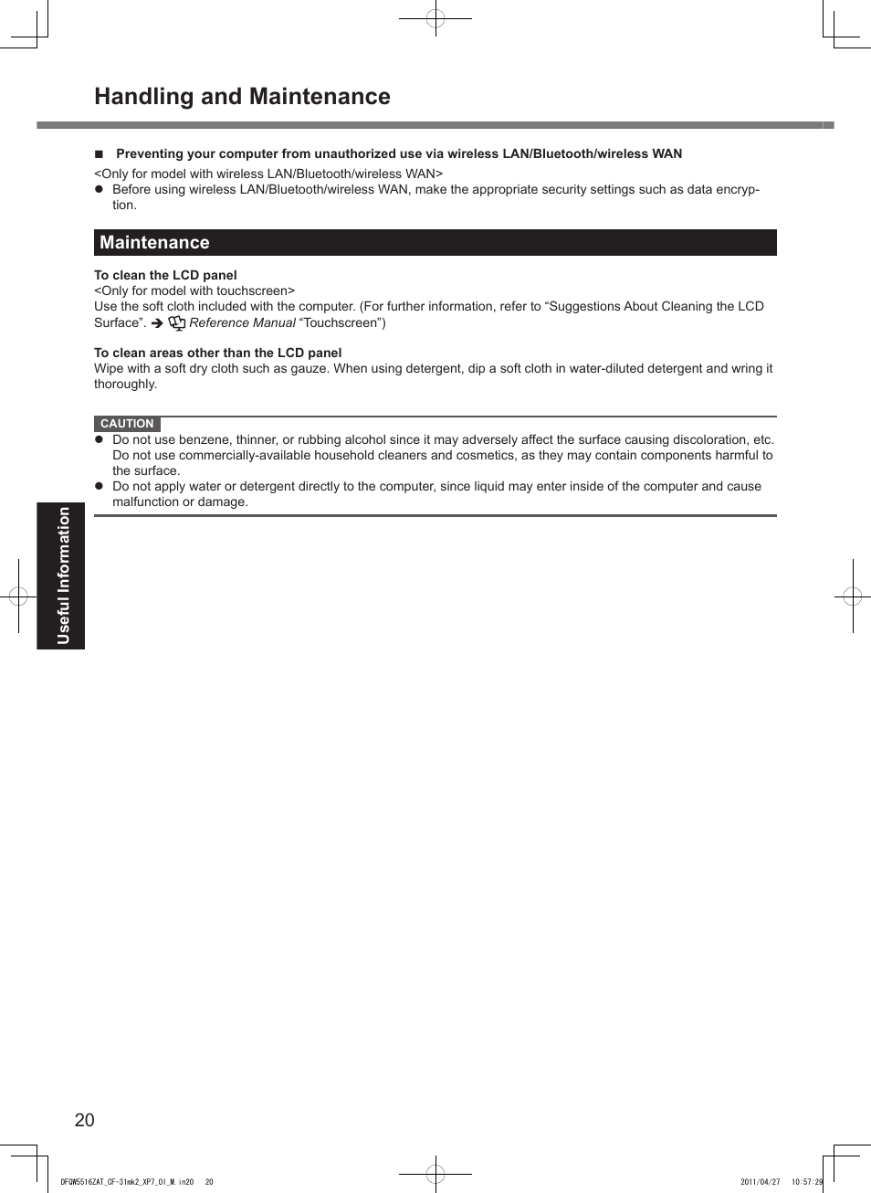 Handling and maintenance, Maintenance | Panasonic CF-31 User Manual | Page 20 / 40