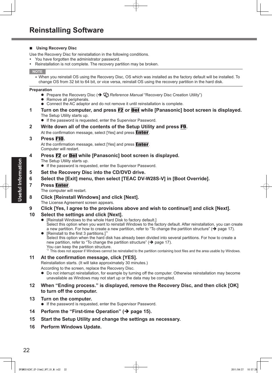 Reinstalling software | Panasonic CF-31 User Manual | Page 22 / 40