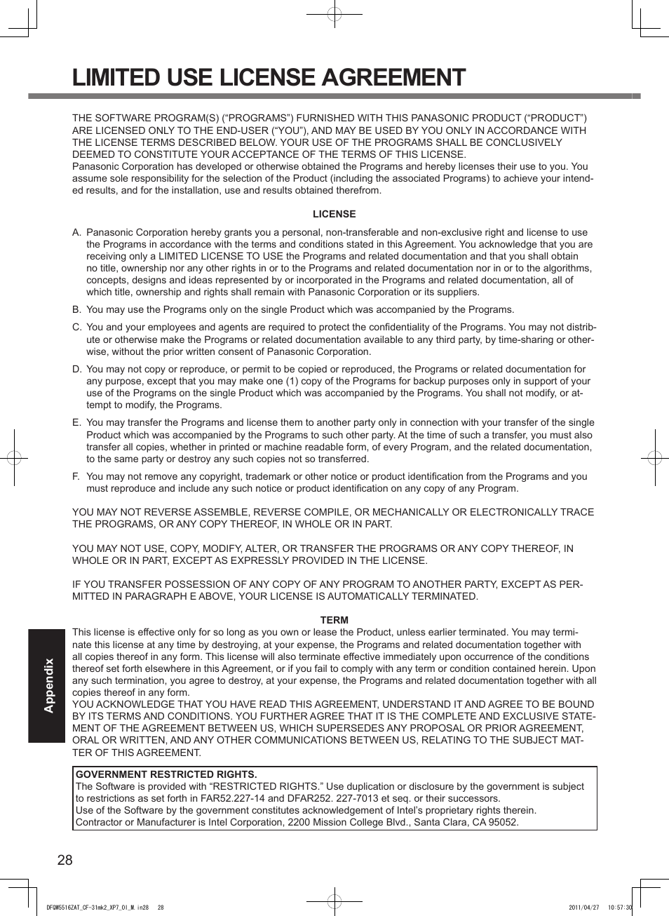 Limited use license agreement | Panasonic CF-31 User Manual | Page 28 / 40