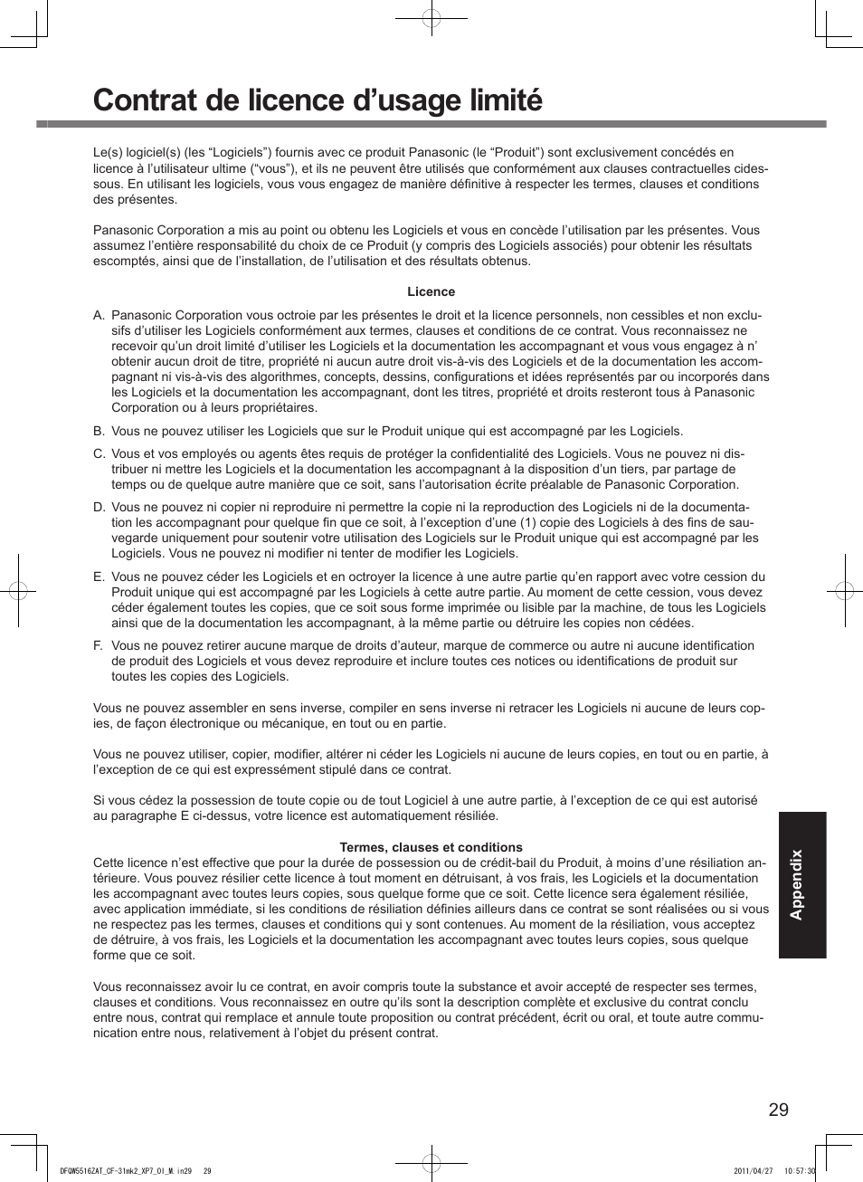 Contrat de licence d’usage limité | Panasonic CF-31 User Manual | Page 29 / 40