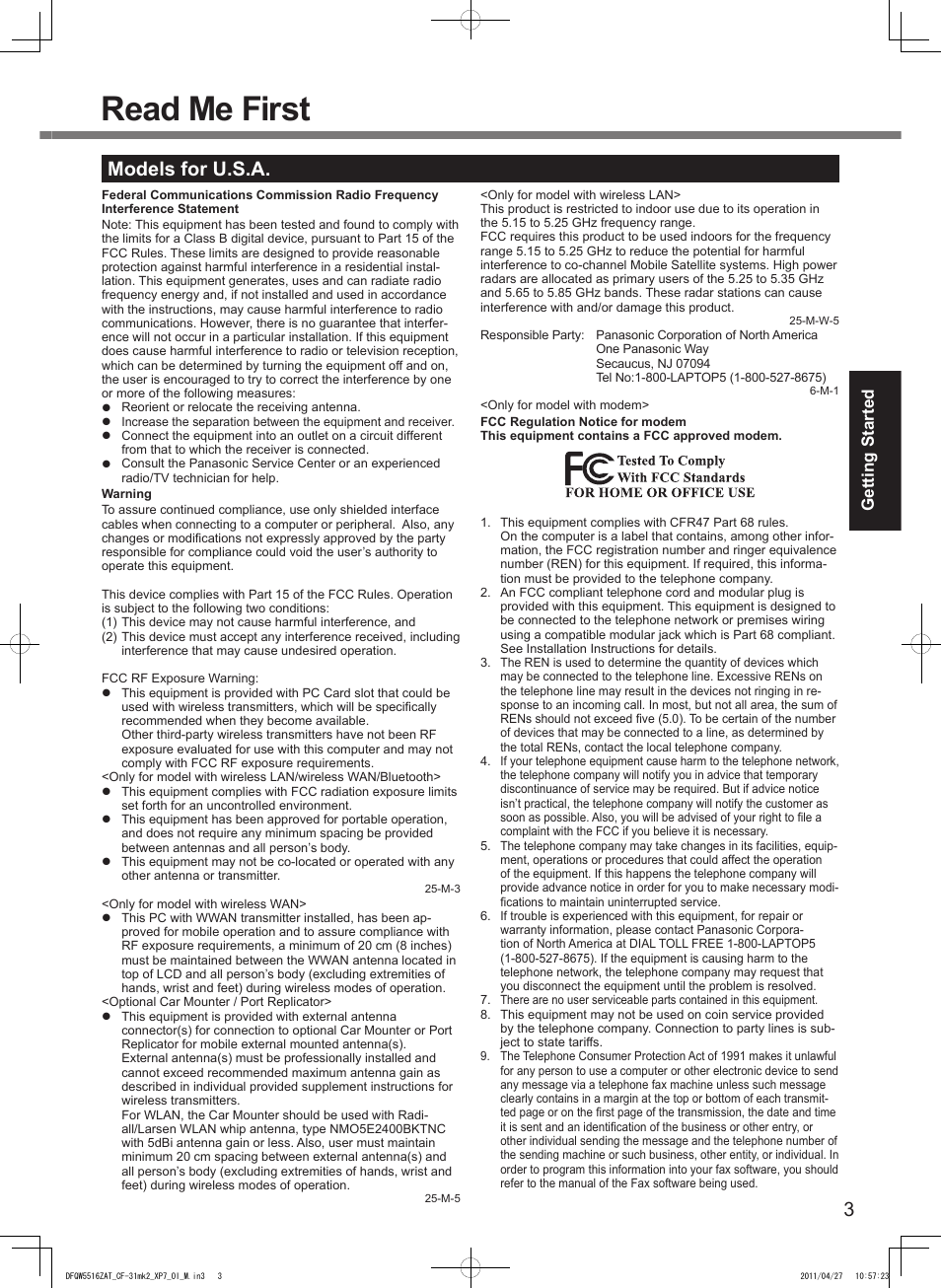Read me first, Models for u.s.a, Getting started | Panasonic CF-31 User Manual | Page 3 / 40