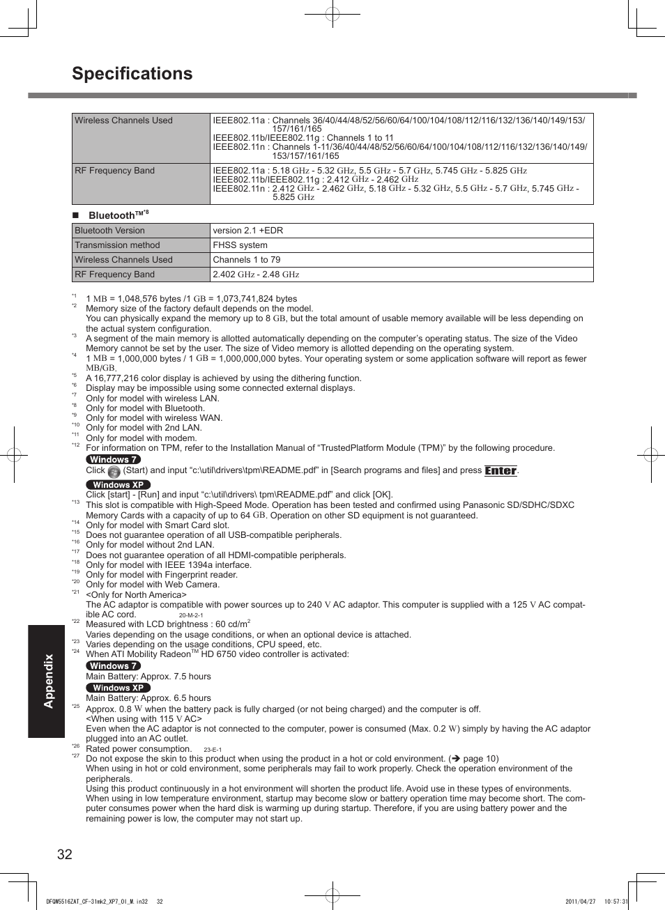 Specifications, Appendix | Panasonic CF-31 User Manual | Page 32 / 40