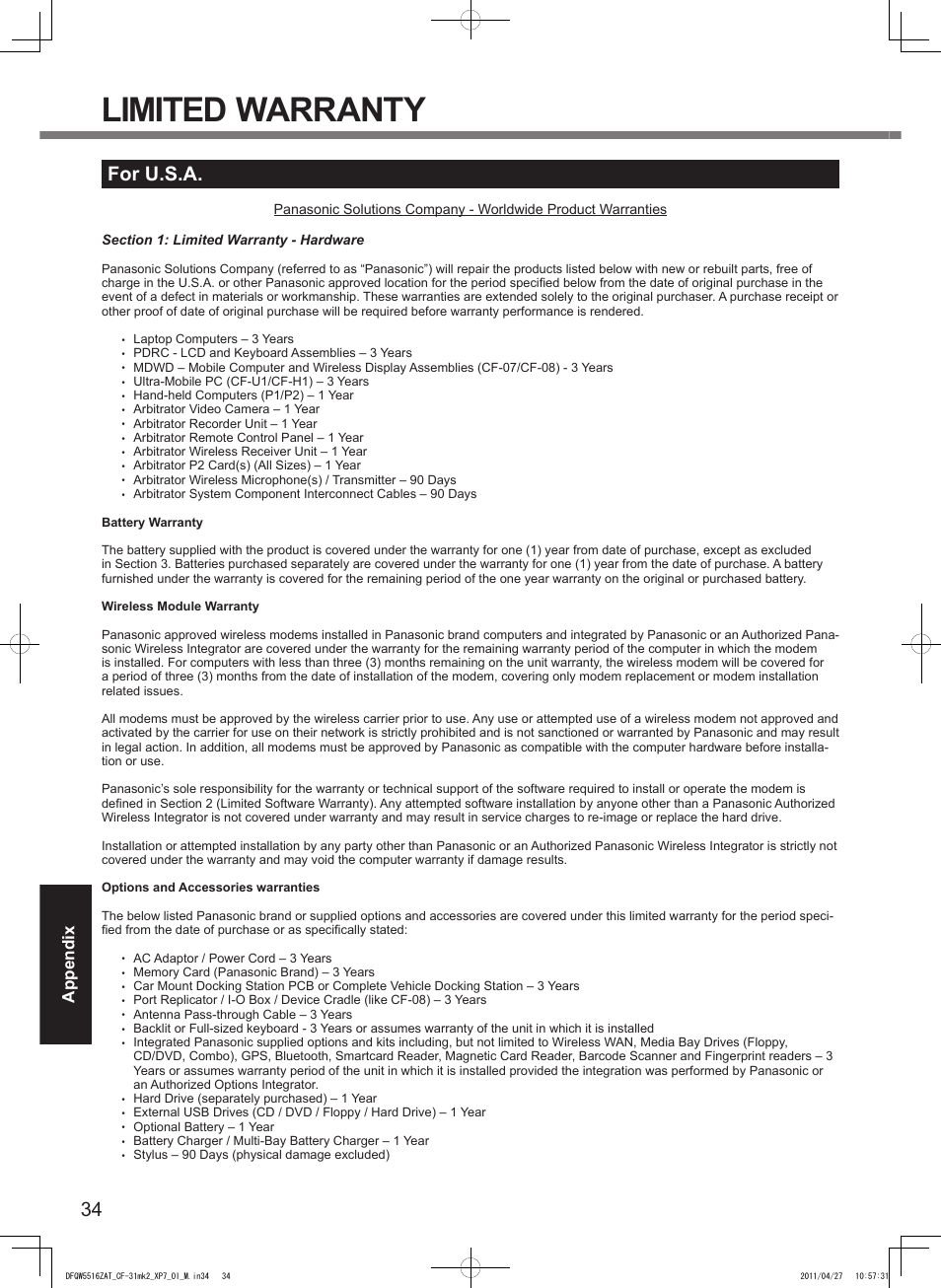 Limited warranty, For u.s.a, Appendix | Panasonic CF-31 User Manual | Page 34 / 40