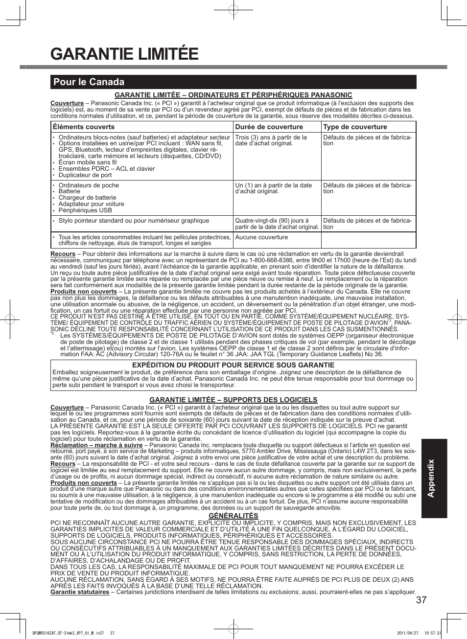 Garantie limitée, Pour le canada, Appendix | Panasonic CF-31 User Manual | Page 37 / 40