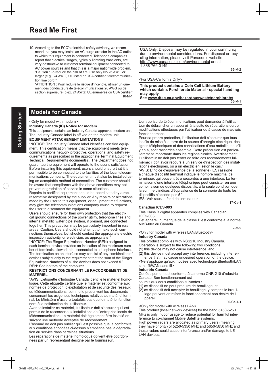 Read me first, Models for canada, Getting started | Panasonic CF-31 User Manual | Page 4 / 40