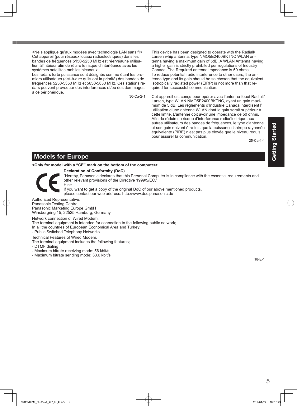 Models for europe, Getting started | Panasonic CF-31 User Manual | Page 5 / 40