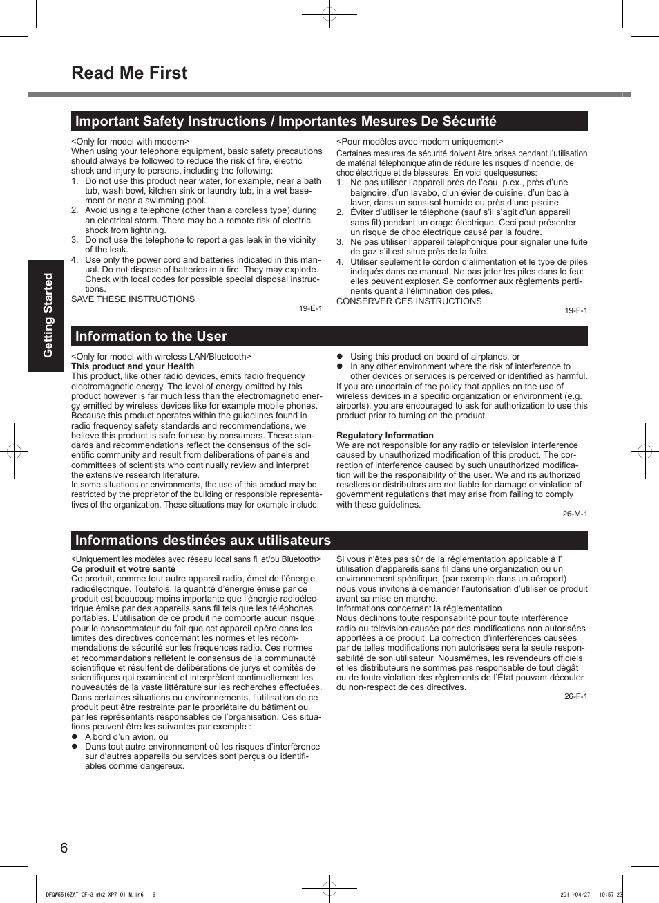 Read me first, Information to the user, Informations destinées aux utilisateurs | Getting started | Panasonic CF-31 User Manual | Page 6 / 40