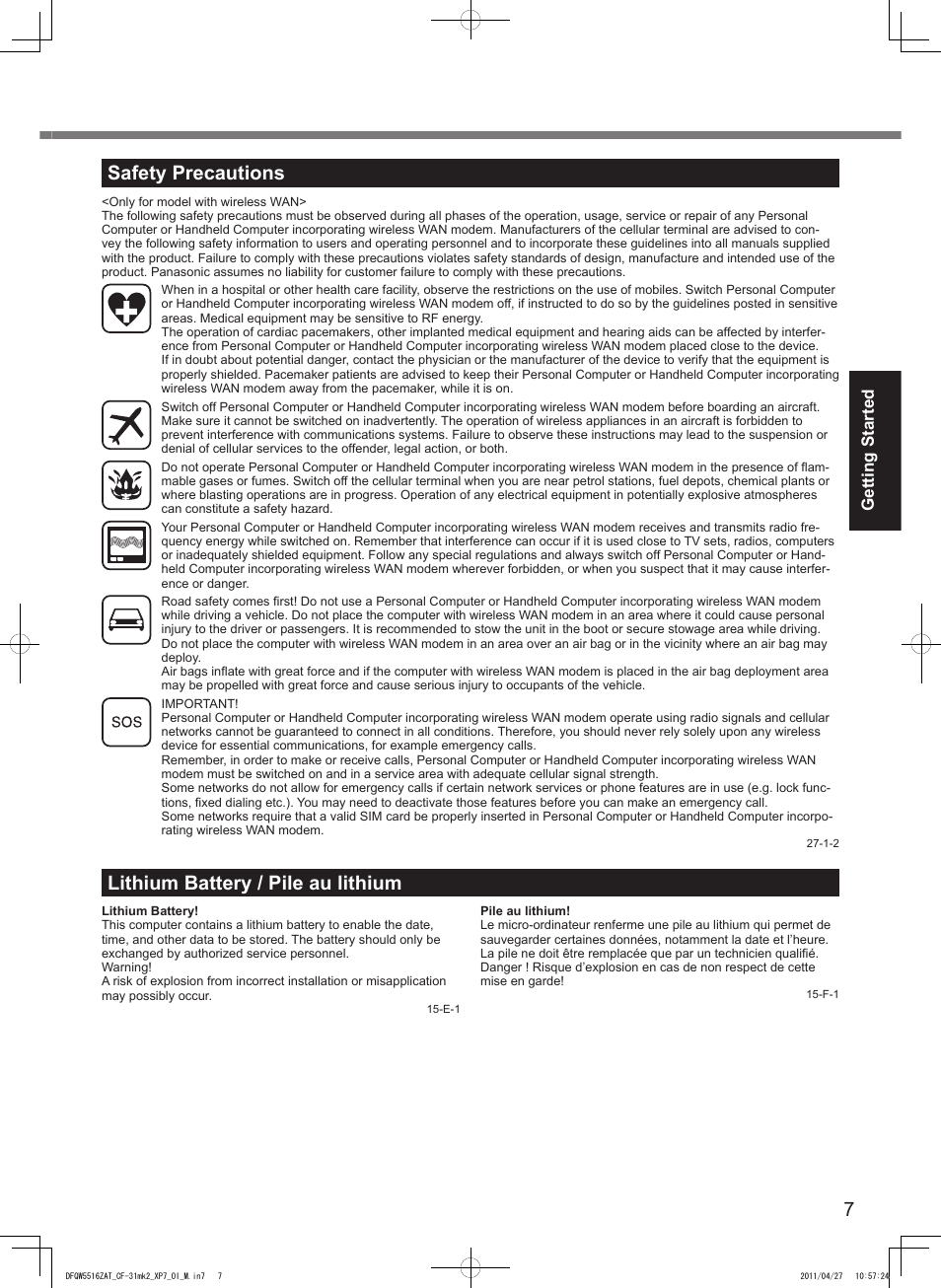 Lithium battery / pile au lithium, Safety precautions, Getting started | Panasonic CF-31 User Manual | Page 7 / 40