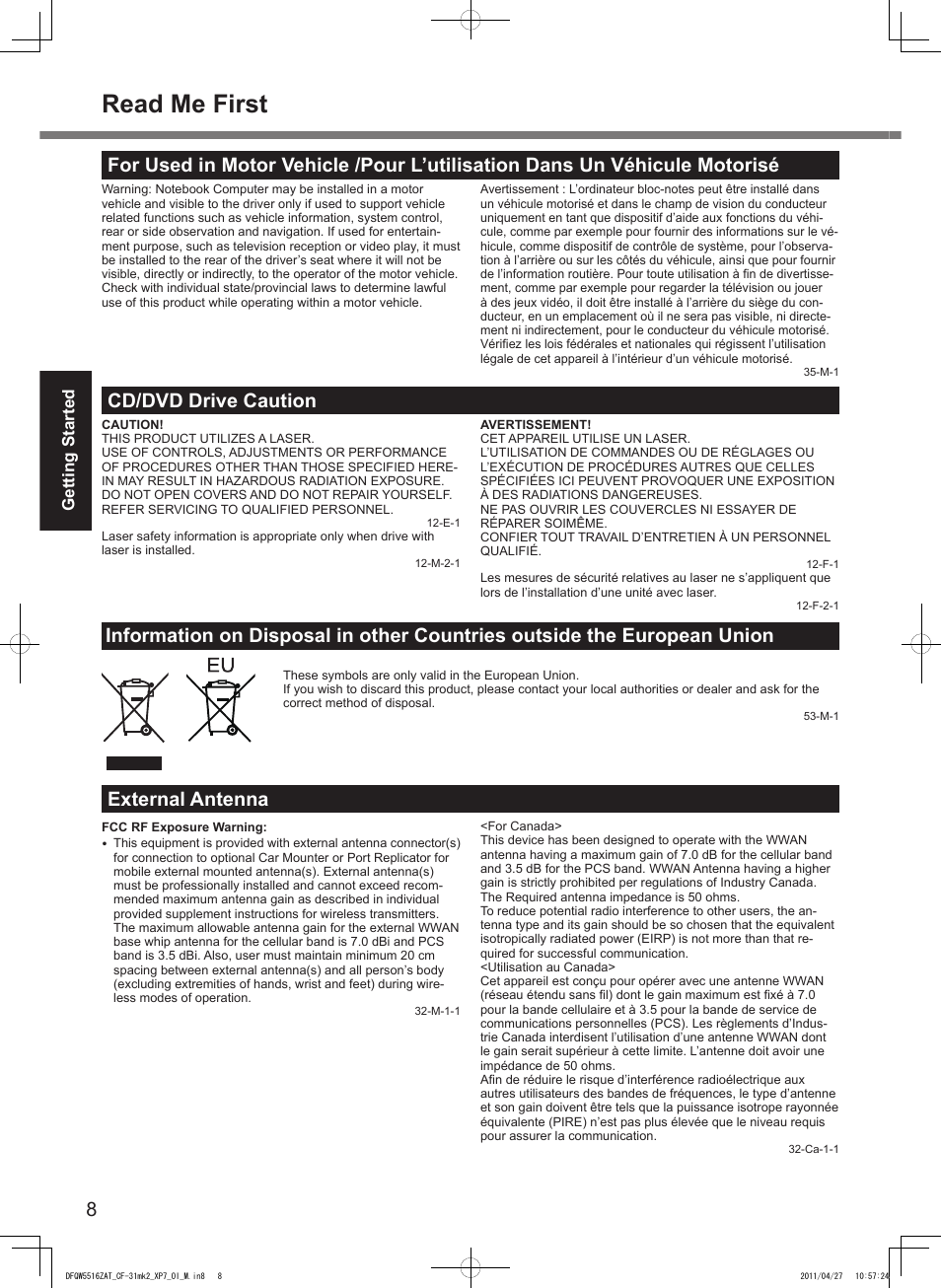 Read me first, Cd/dvd drive caution, External antenna | Getting started | Panasonic CF-31 User Manual | Page 8 / 40