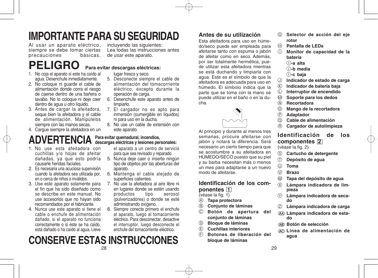 Espanol, Importante para su seguridad, Peligro | Advertencia, Conserve estas instrucciones | Panasonic ES8075 N User Manual | Page 15 / 20