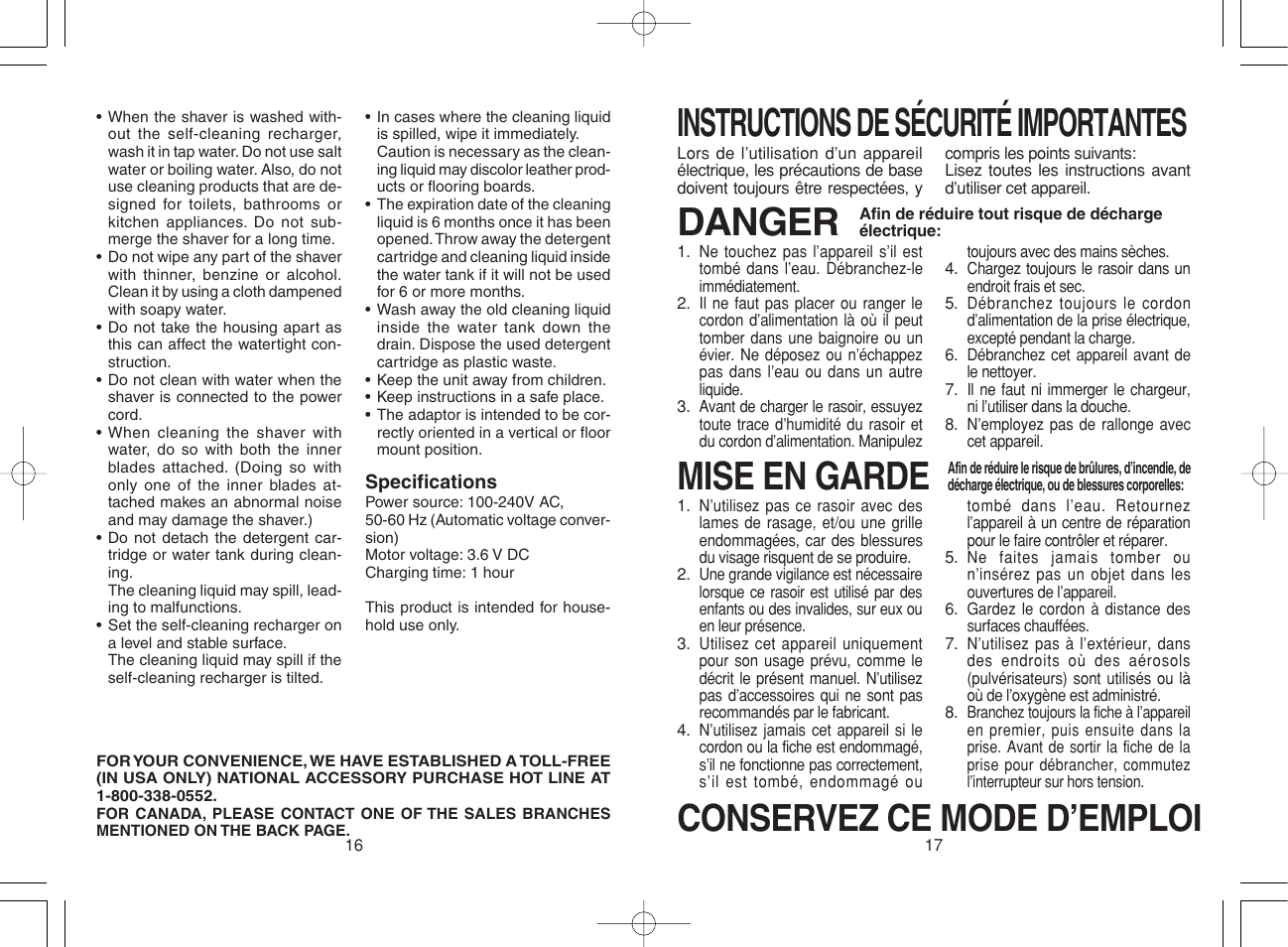 Francais, Instructions de sécurité importantes, Danger | Mise en garde, Conservez ce mode d’emploi | Panasonic ES8075 N User Manual | Page 9 / 20