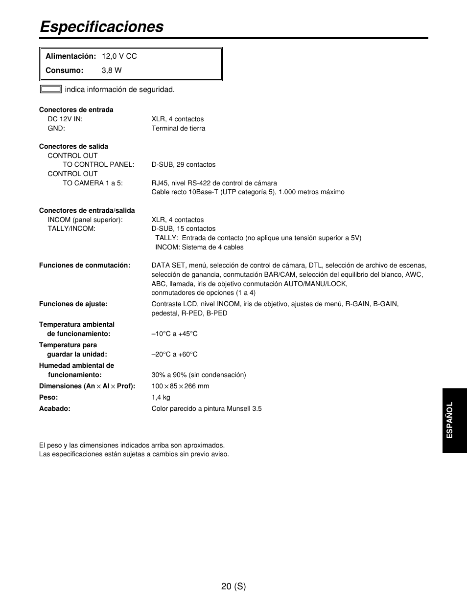 Especificaciones, 20 (s) | Panasonic AW-CB400L User Manual | Page 101 / 104
