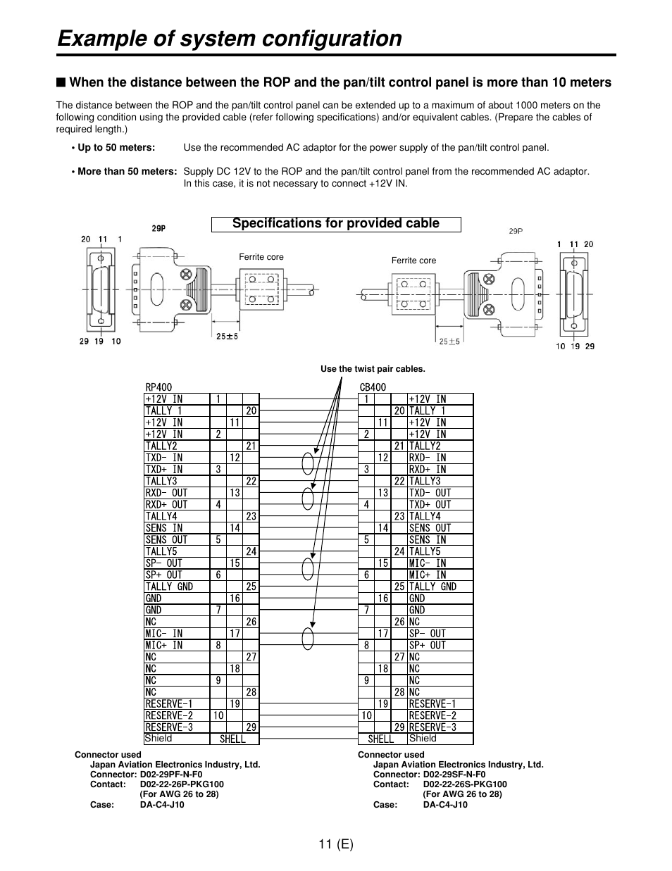 Example of system configuration, 11 (e), Specifications for provided cable | Panasonic AW-CB400L User Manual | Page 12 / 104