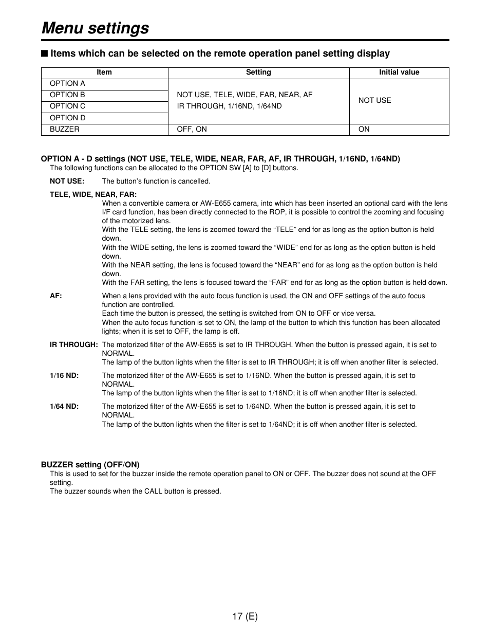Menu settings | Panasonic AW-CB400L User Manual | Page 18 / 104
