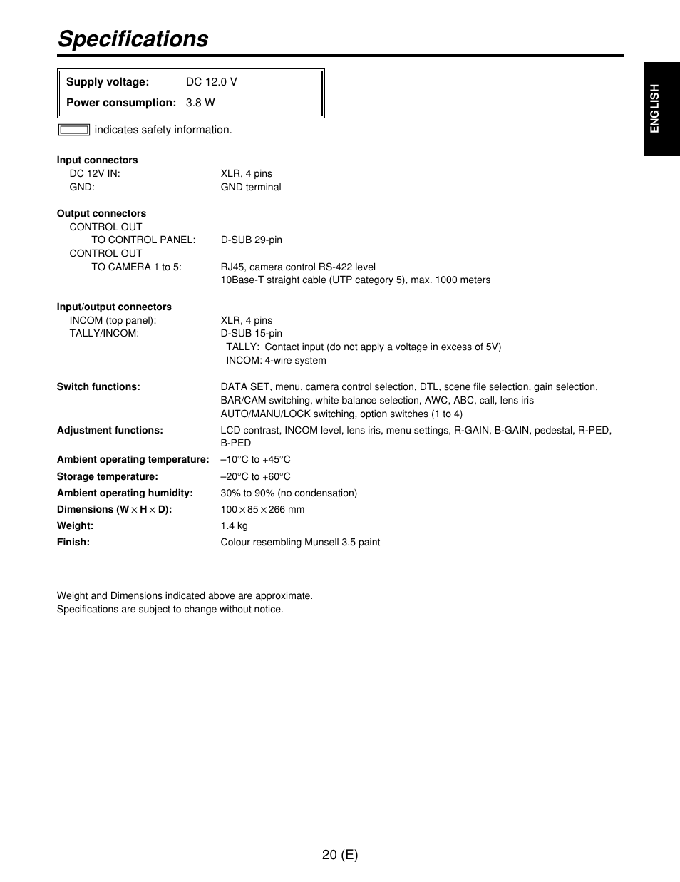 Specifications, 20 (e) | Panasonic AW-CB400L User Manual | Page 21 / 104