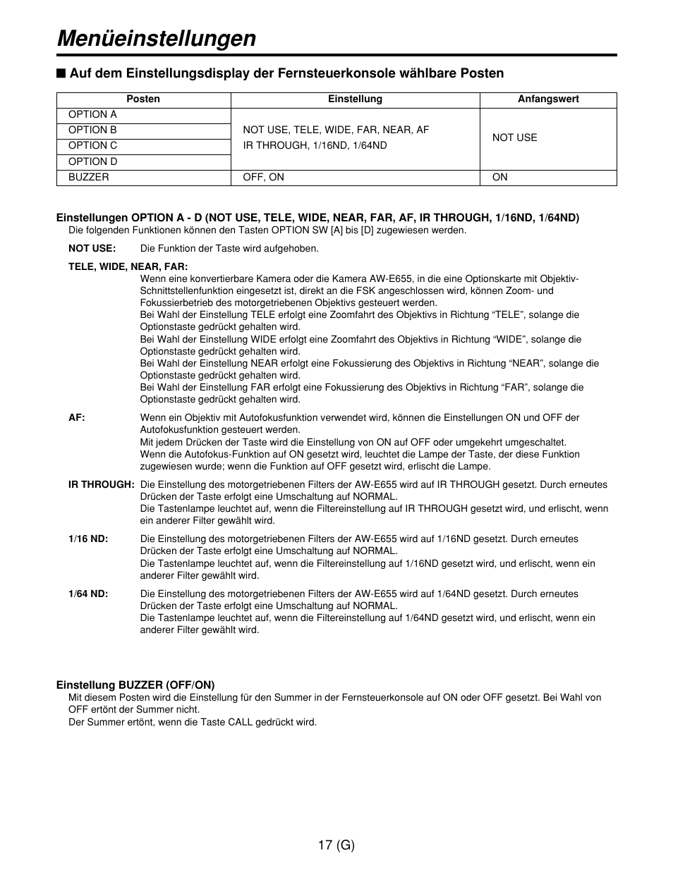 Menüeinstellungen | Panasonic AW-CB400L User Manual | Page 38 / 104