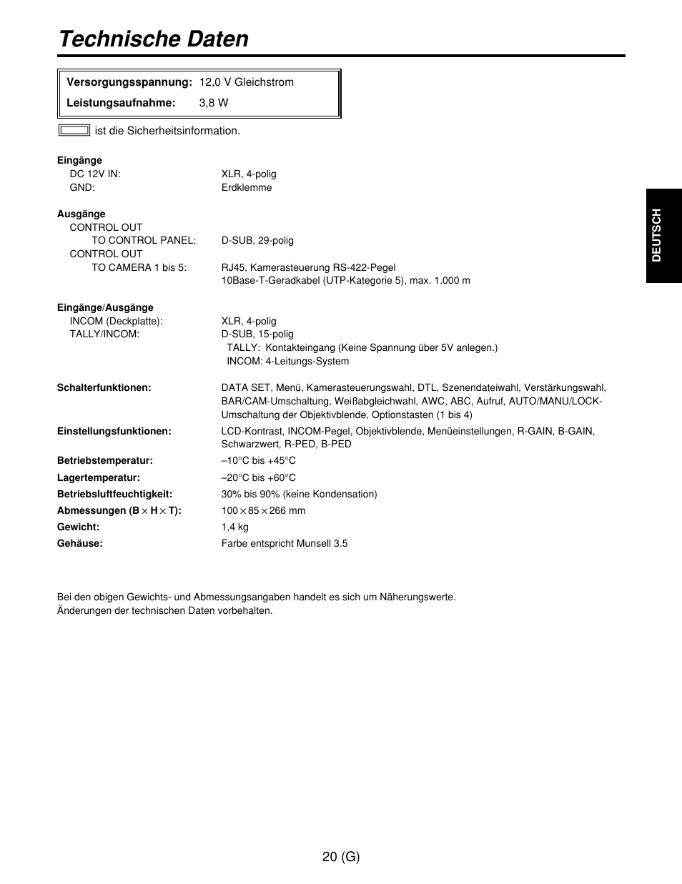 Technische daten, 20 (g) | Panasonic AW-CB400L User Manual | Page 41 / 104