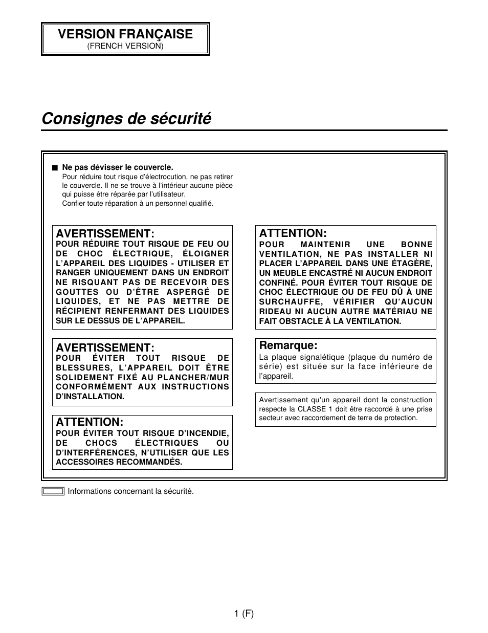 Consignes de sécurité, Version française | Panasonic AW-CB400L User Manual | Page 42 / 104