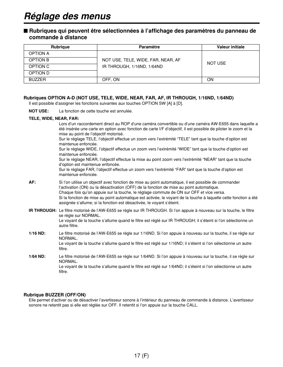 Réglage des menus | Panasonic AW-CB400L User Manual | Page 58 / 104