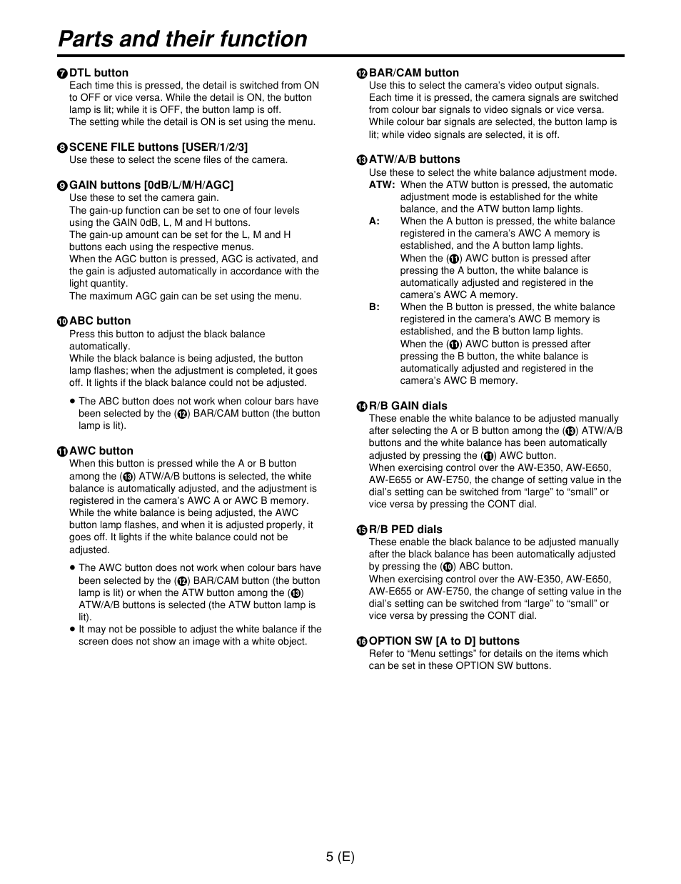 Parts and their function | Panasonic AW-CB400L User Manual | Page 6 / 104