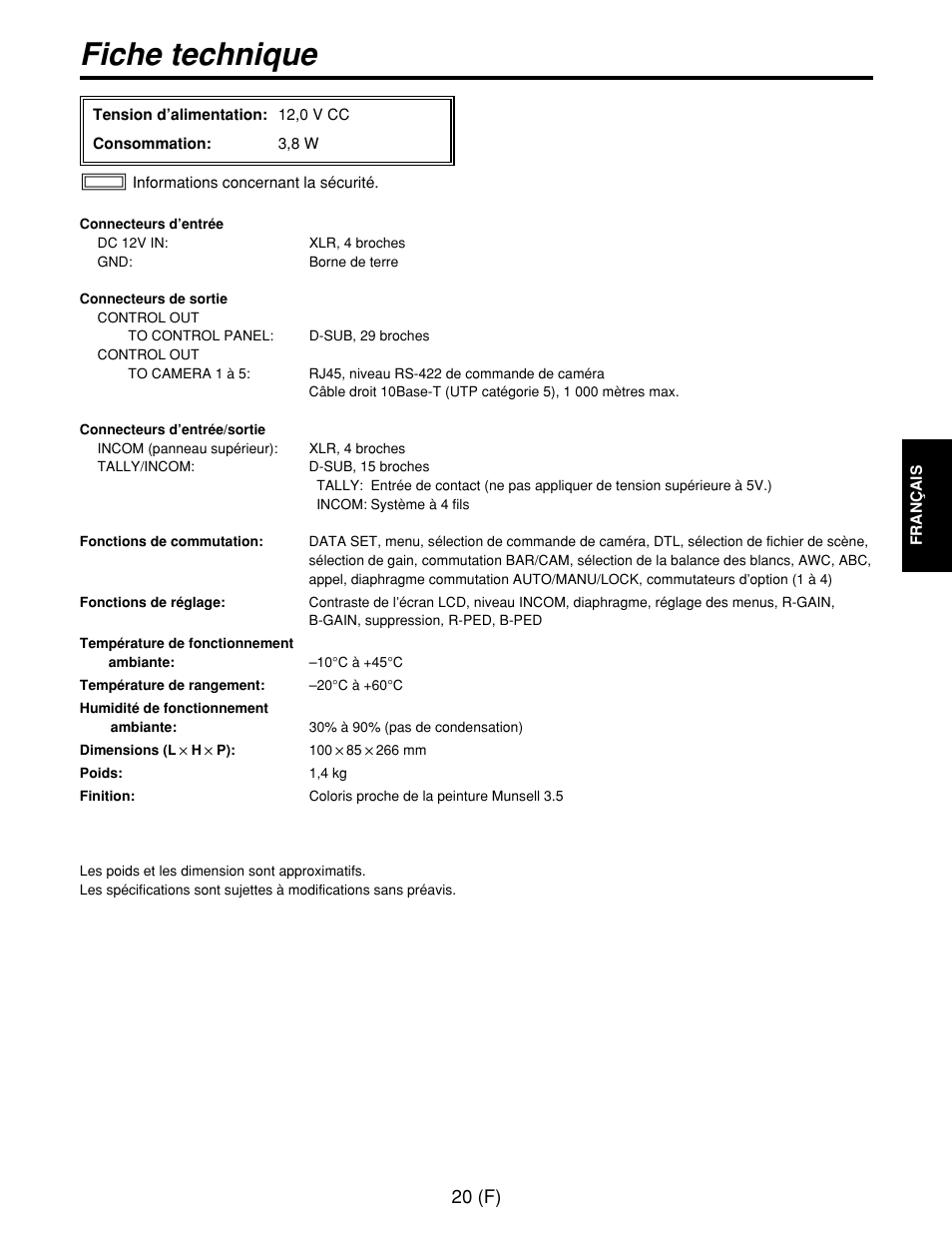 Fiche technique, 20 (f) | Panasonic AW-CB400L User Manual | Page 61 / 104