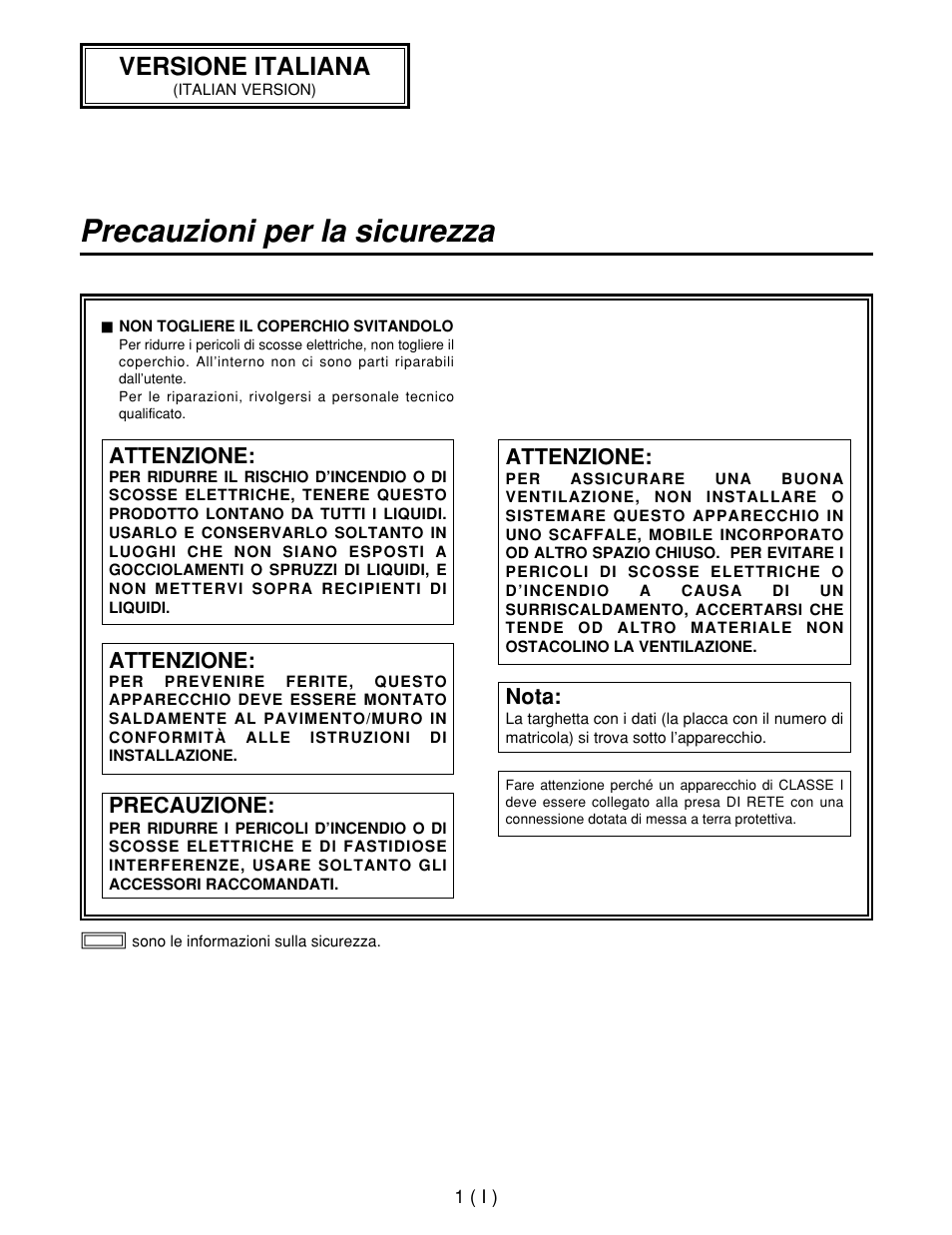 Precauzioni per la sicurezza, Versione italiana | Panasonic AW-CB400L User Manual | Page 62 / 104
