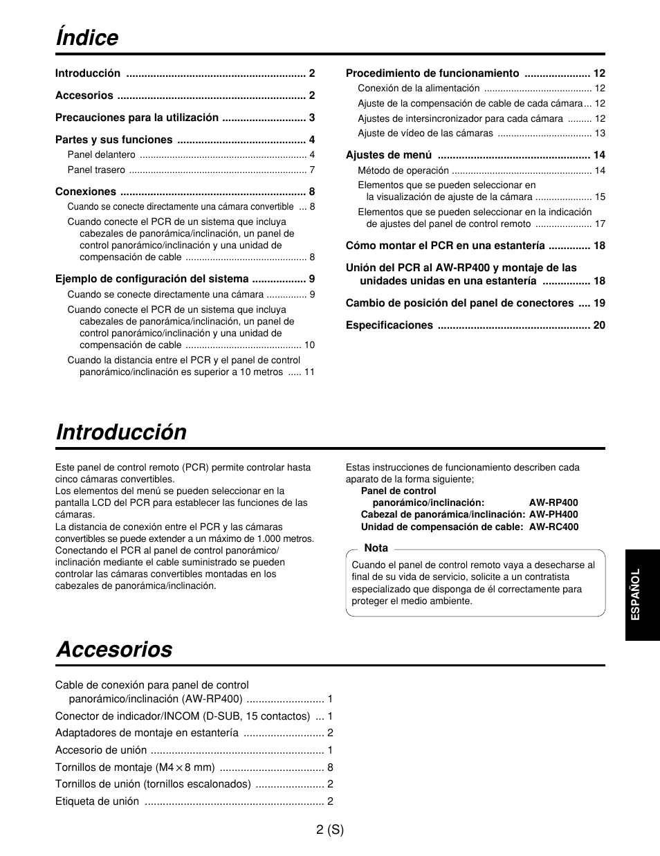 Accesorios introducción índice | Panasonic AW-CB400L User Manual | Page 83 / 104