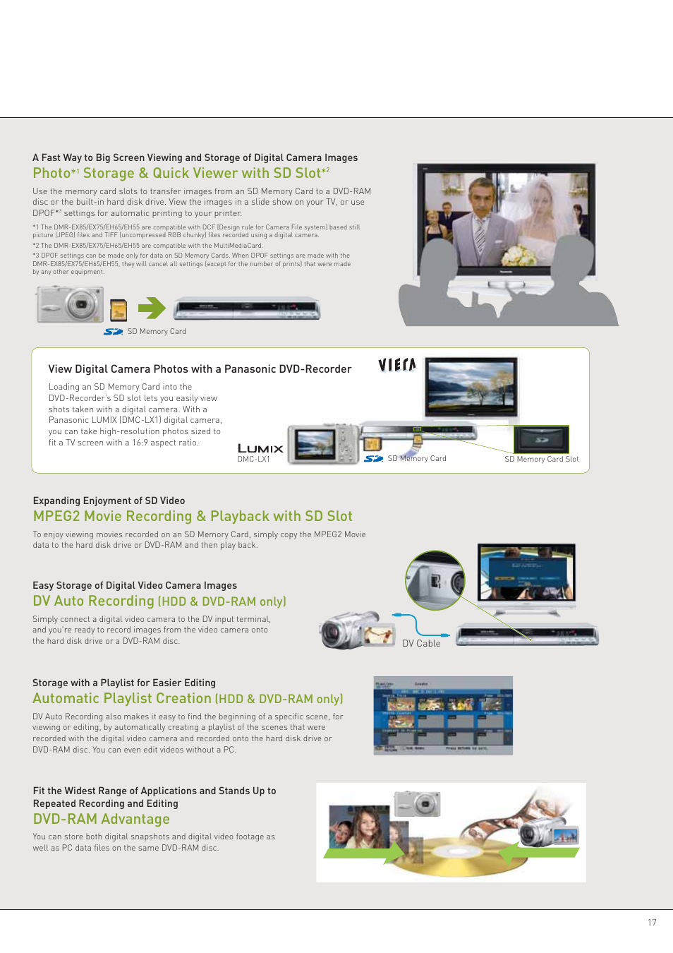 Automatic playlist creation, Dvd-ram advantage, Photo | Storage & quick viewer with sd slot, Dv auto recording, Mpeg2 movie recording & playback with sd slot | Panasonic DVD Recorder User Manual | Page 17 / 24