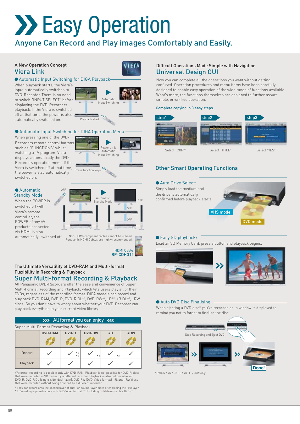 Easy operation, Universal design gui, Viera link | Super multi-format recording & playback, Other smart operating functions | Panasonic DVD Recorder User Manual | Page 8 / 24