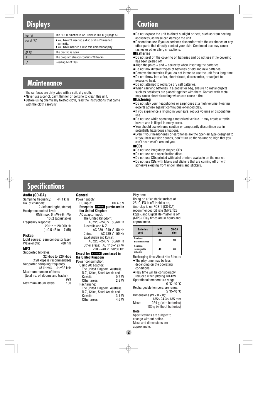 Caution, Specifications maintenance, Displays | Panasonic SL-SX429C User Manual | Page 2 / 6