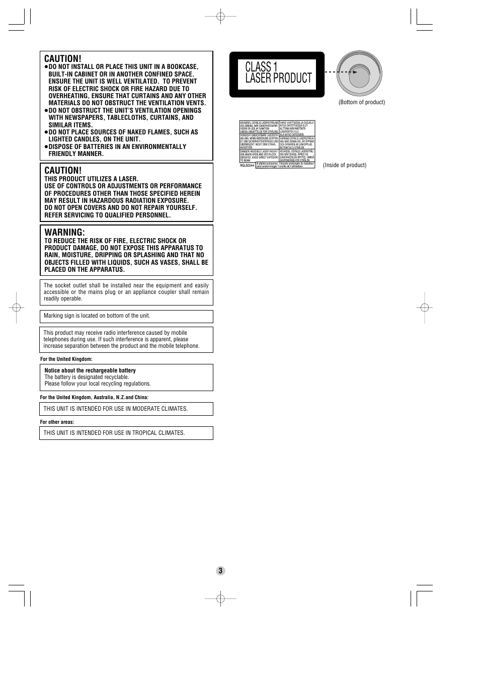 Class 1 laser product, Warning, Caution | Panasonic SL-SX429C User Manual | Page 3 / 6