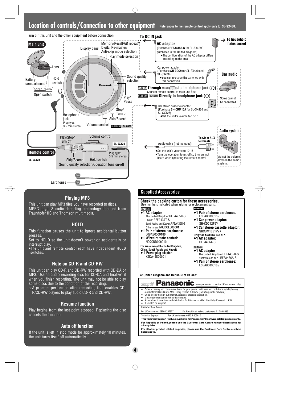 Location of controls/connection to other equipment, Playing mp3, Hold | Resume function, Auto off function, Supplied accessories | Panasonic SL-SX429C User Manual | Page 4 / 6