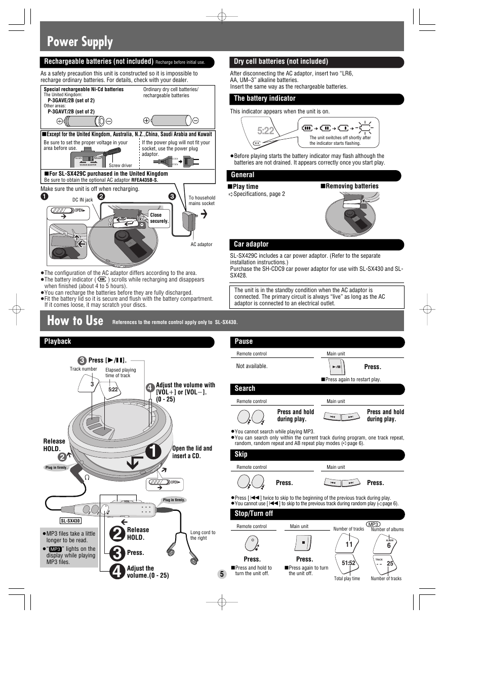 How to use, Power supply | Panasonic SL-SX429C User Manual | Page 5 / 6