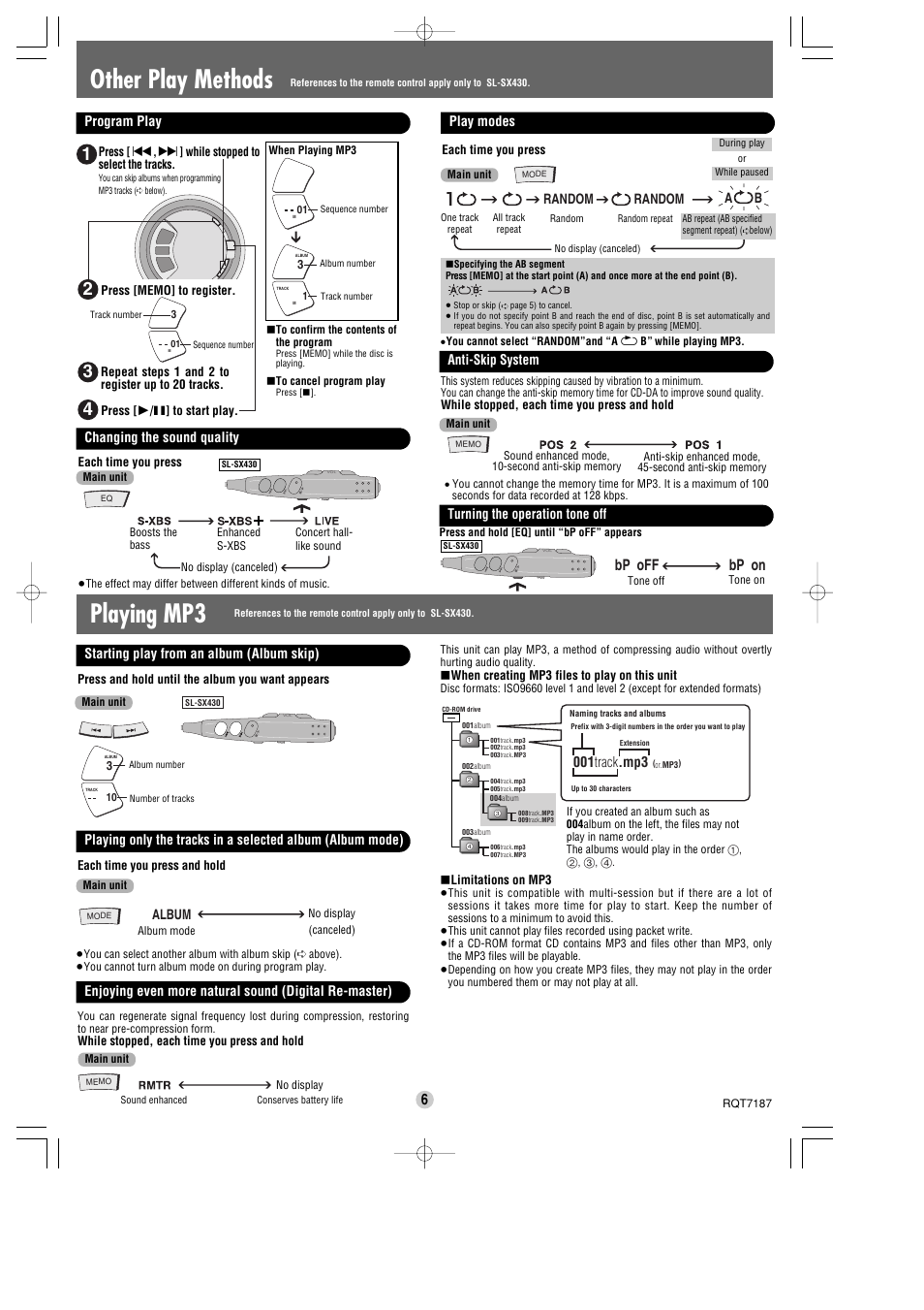 Playing mp3 other play methods, Bp off, Bp on | Program play changing the sound quality, Random, Random a b, Play modes, Anti-skip system, Turning the operation tone off, Album | Panasonic SL-SX429C User Manual | Page 6 / 6