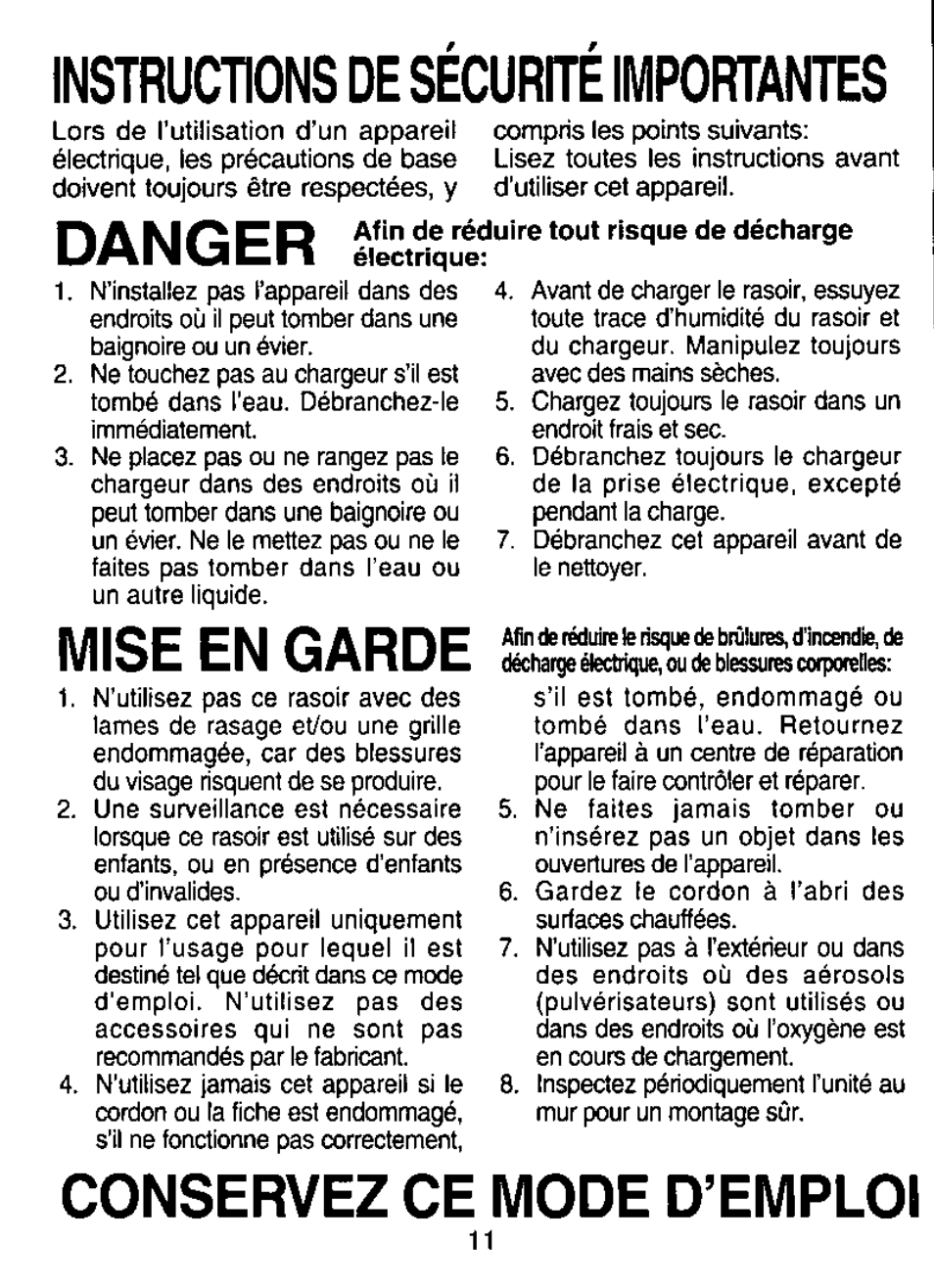 Instructions de securite importantes, Danger, Mise en garde | Conservez ce mode d’emploi | Panasonic ES8023 User Manual | Page 11 / 24