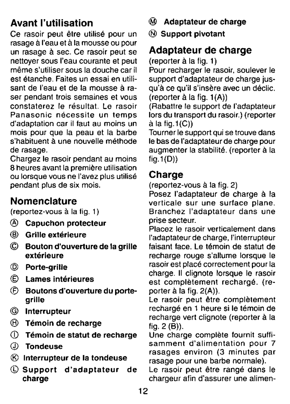 Avant i’utilisation, Nomenclature, Adaptateur de charge | Charge | Panasonic ES8023 User Manual | Page 12 / 24