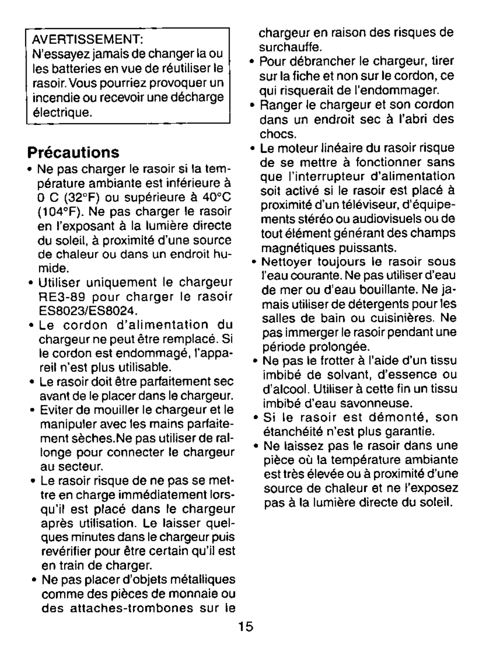 Précautions | Panasonic ES8023 User Manual | Page 15 / 24