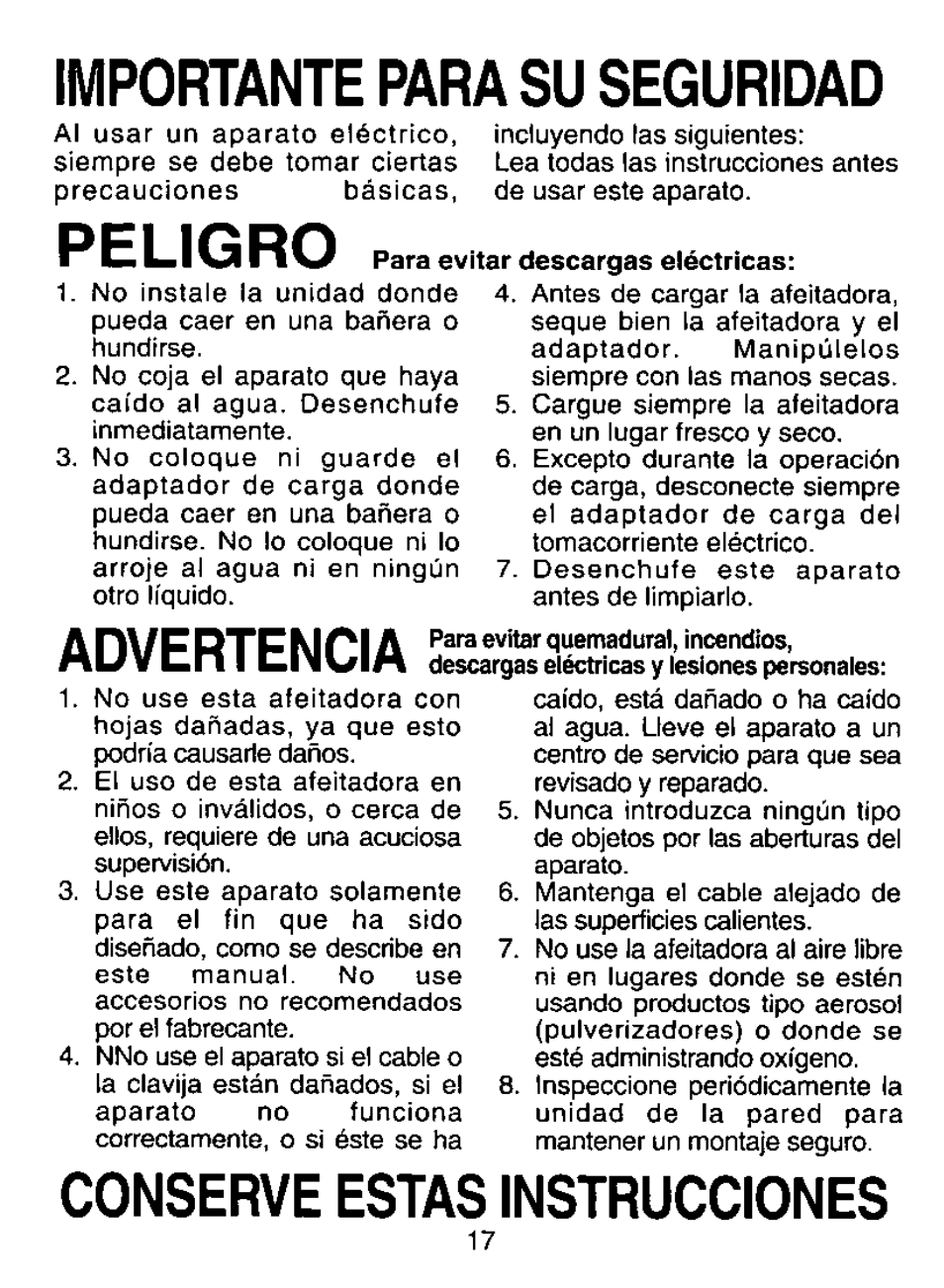 Peligro, Importante para su seguridad, Advertencia | Conserve estas instrucciones | Panasonic ES8023 User Manual | Page 17 / 24