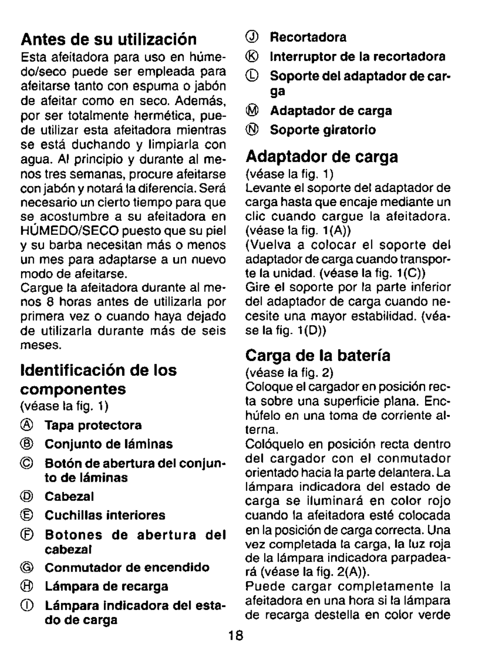 Antes de su utilización, Identificación de los componentes, Adaptador de carga | Carga de la batería | Panasonic ES8023 User Manual | Page 18 / 24