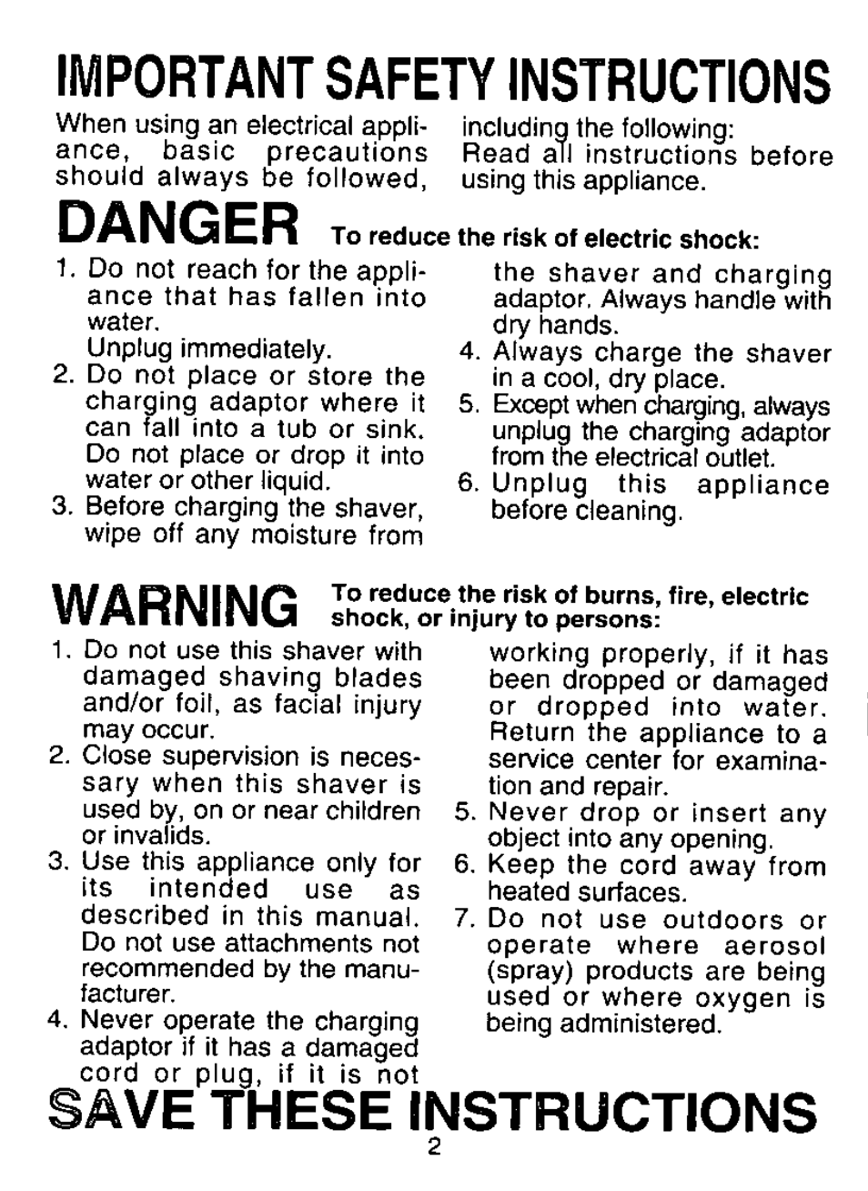 Ave these instructions, Danger, Important safety instructions | Warning | Panasonic ES8023 User Manual | Page 2 / 24