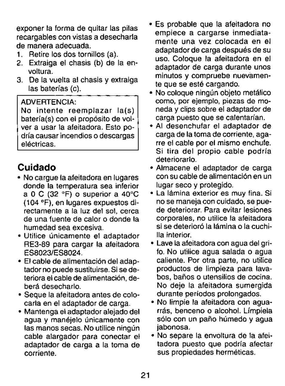 Cuidado | Panasonic ES8023 User Manual | Page 21 / 24