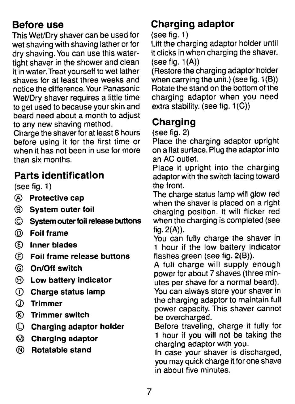 Before use, Parts identification, Charging adaptor | Charging | Panasonic ES8023 User Manual | Page 7 / 24