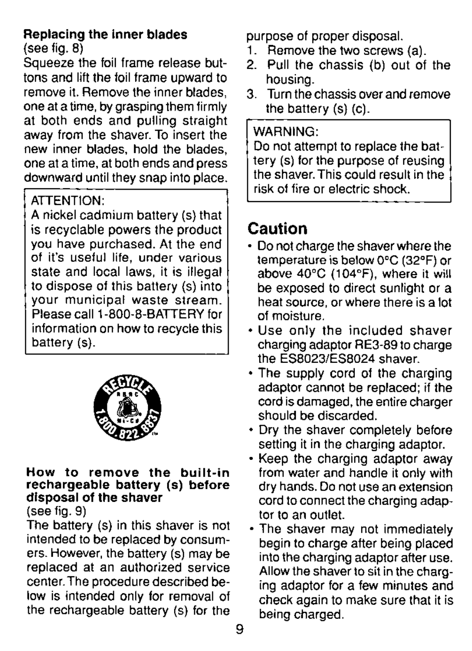 Caution | Panasonic ES8023 User Manual | Page 9 / 24